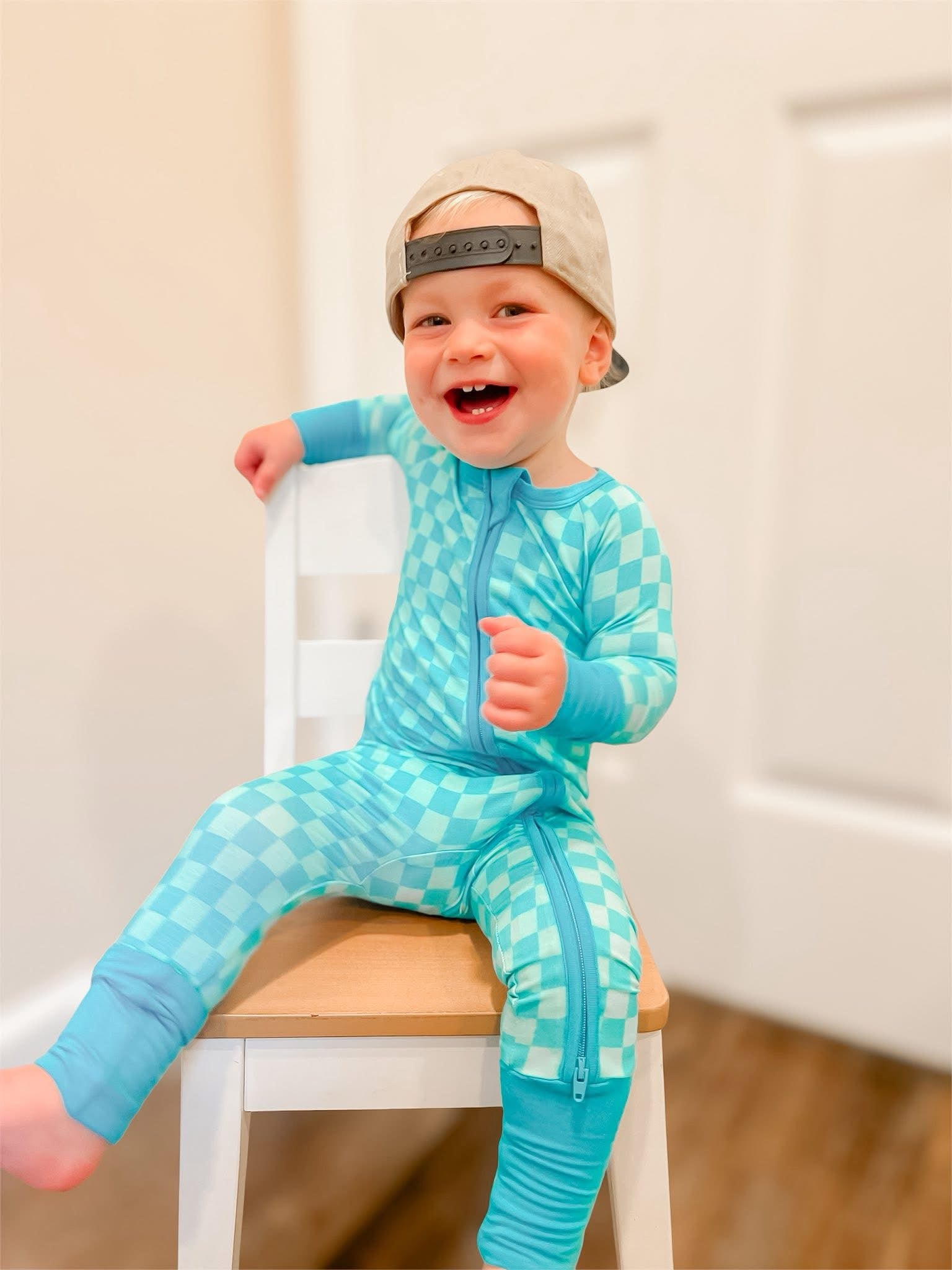 Blue Checkered Double Zippy Romper