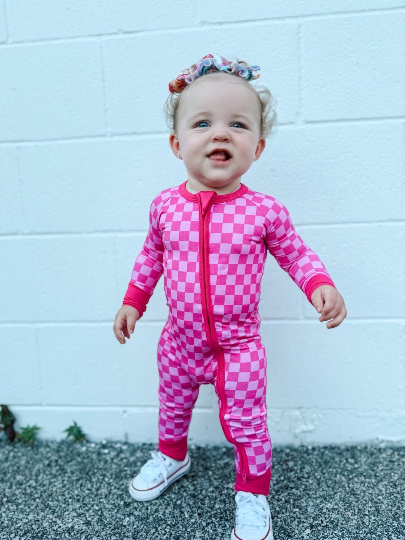 Pink Checkered Double Zippy Romper