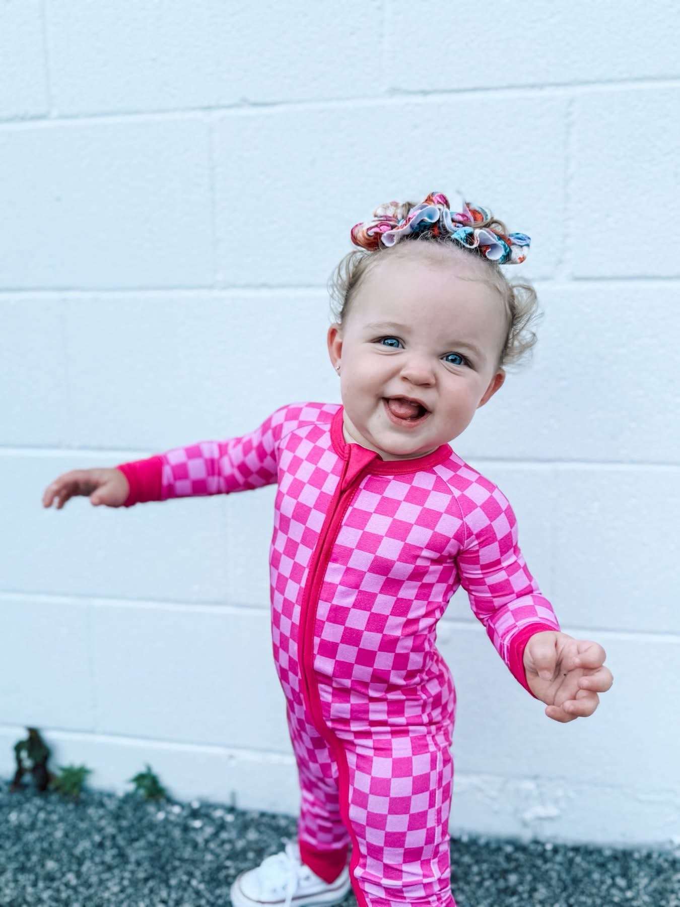 Pink Checkered Double Zippy Romper