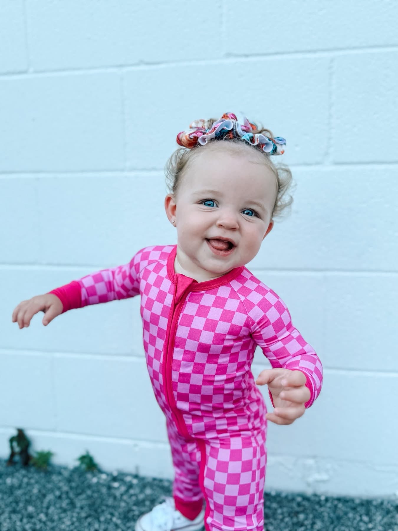 Pink Checkered Double Zippy Romper
