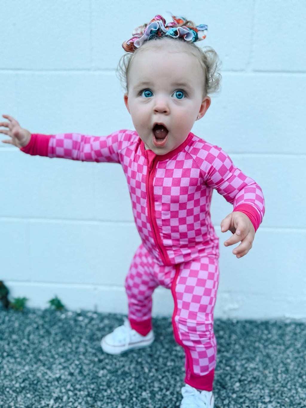 Pink Checkered Double Zippy Romper