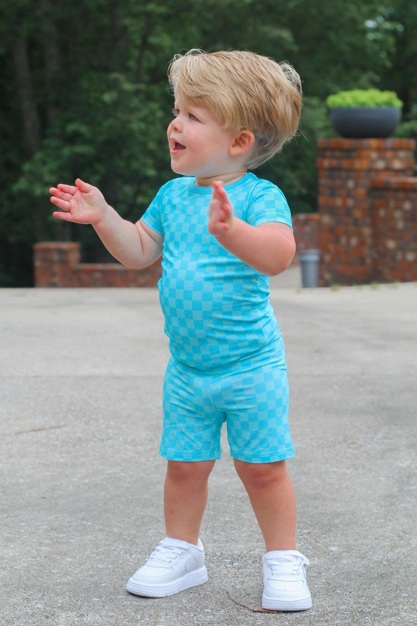 Blue Checkered Two Piece Short Set