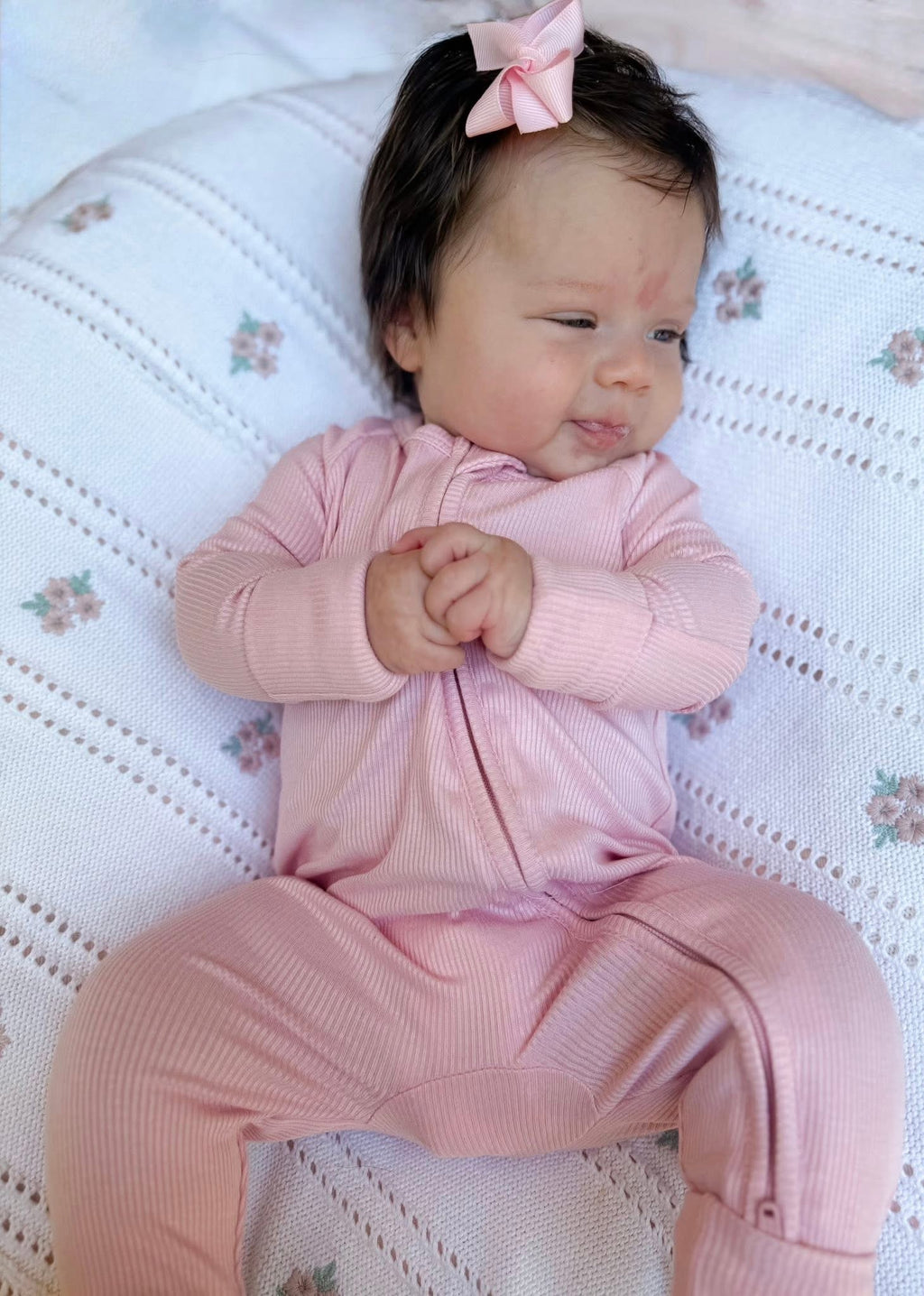 Powder Pink Ribbed Double Zippy Romper