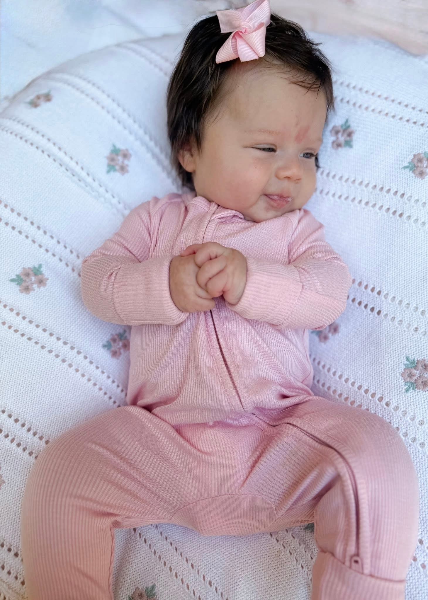 Powder Pink Ribbed Double Zippy Romper