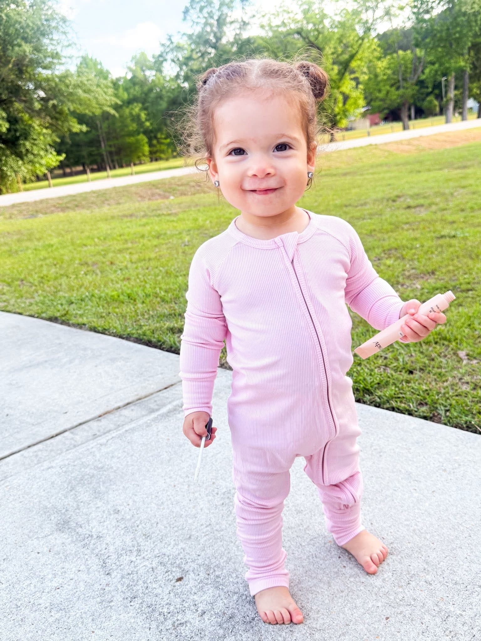 Powder Pink Ribbed Double Zippy Romper