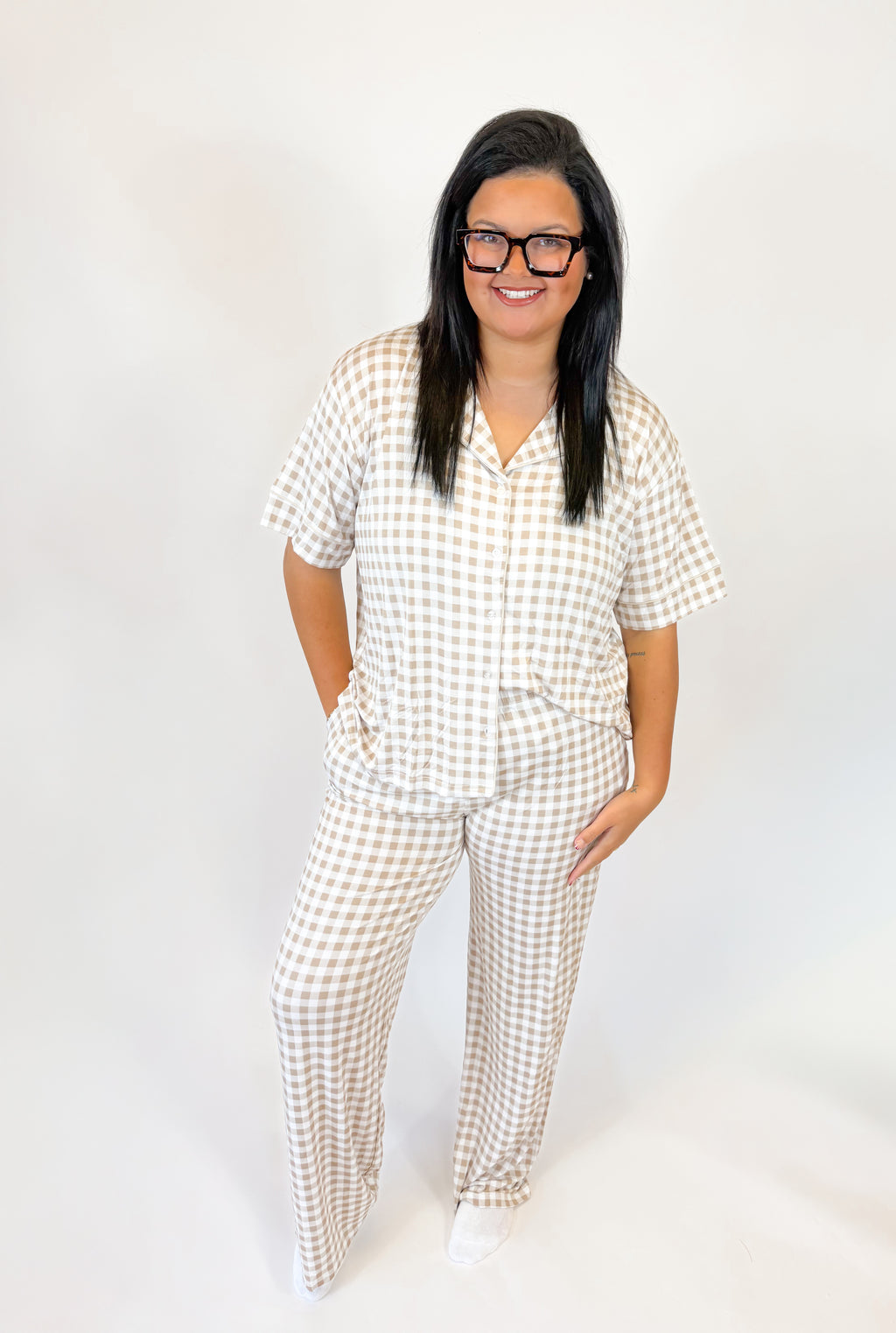 Oatmeal Gingham Womens Pant Set
