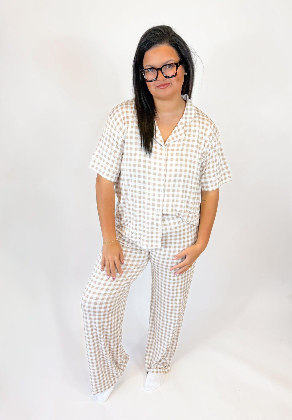 Oatmeal Gingham Womens Pant Set