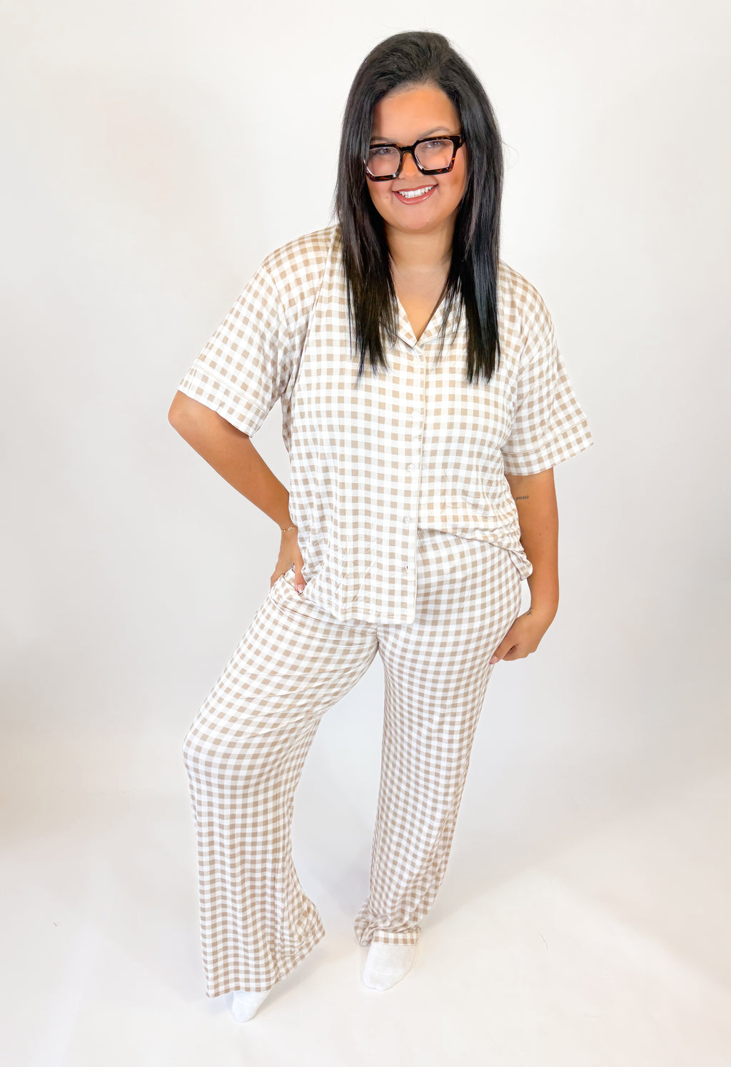 Oatmeal Gingham Womens Pant Set