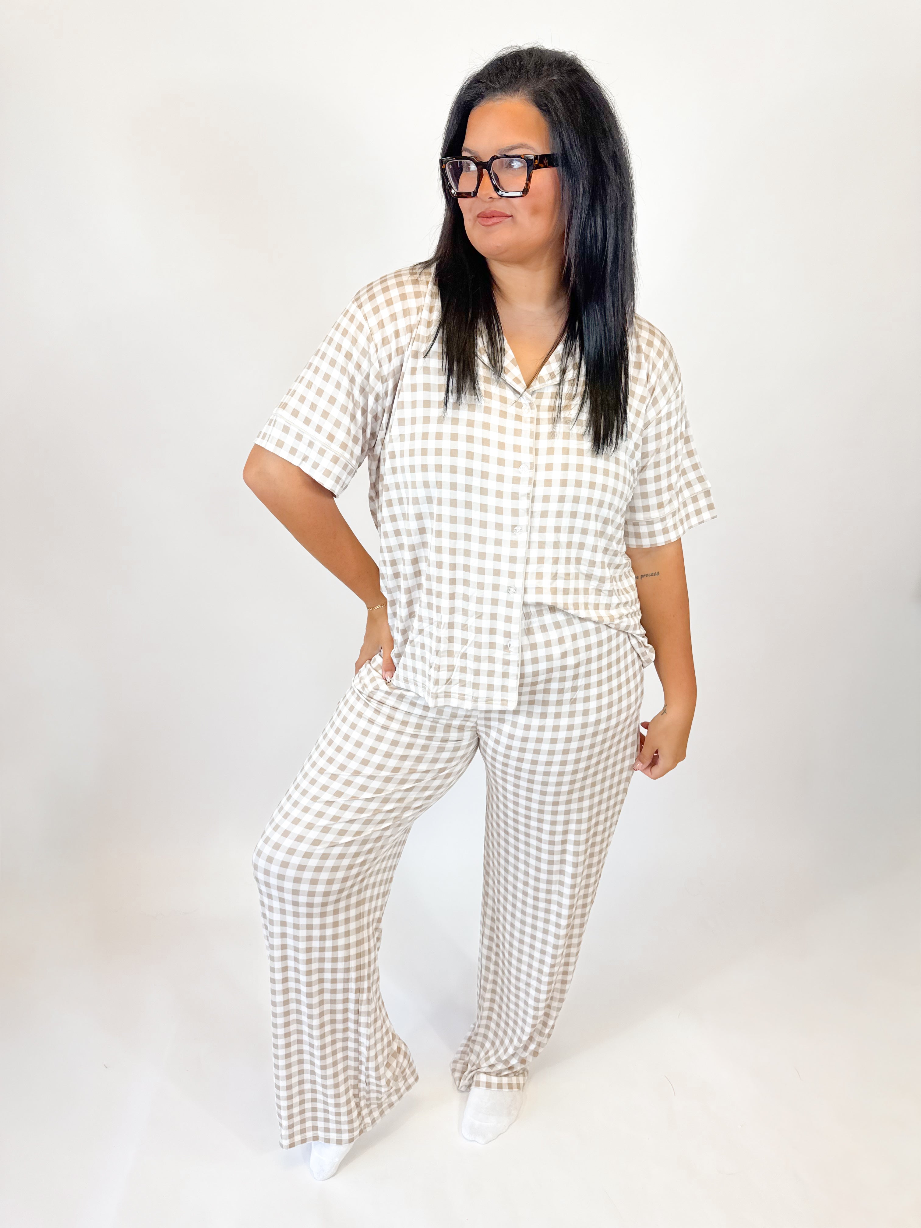 Oatmeal Gingham Womens Pant Set
