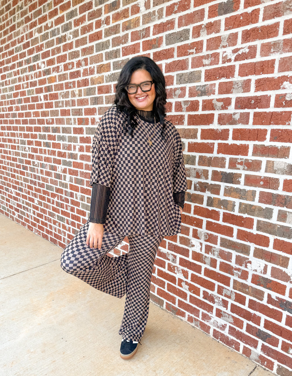 Neutral Checkered Womens Ribbed Daywear Pant Set