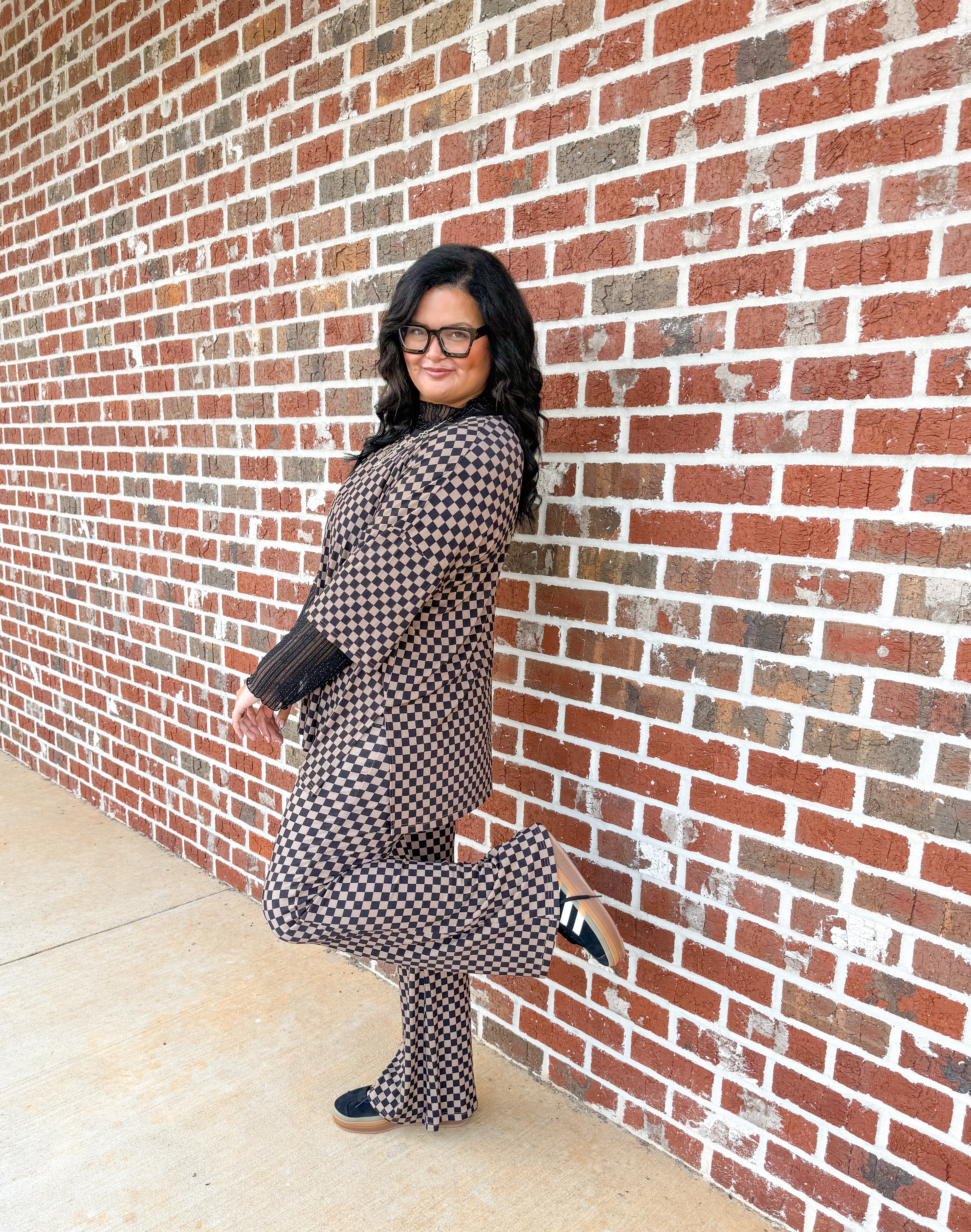 Neutral Checkered Womens Ribbed Daywear Pant Set