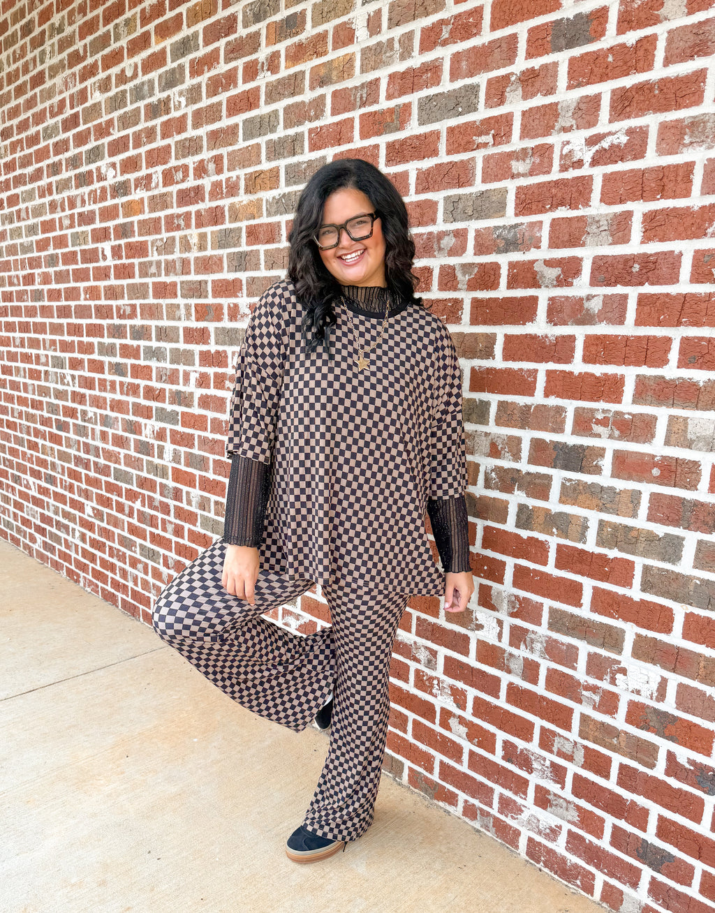 Neutral Checkered Womens Ribbed Daywear Pant Set