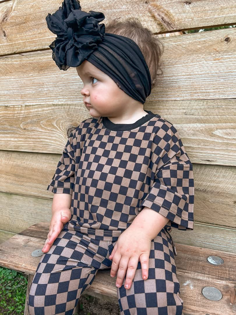 Neutral Checkered Kids Daywear Pant Set