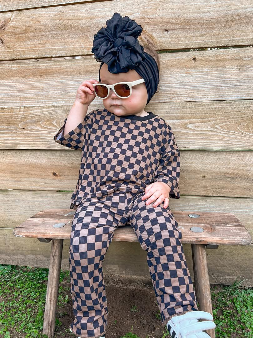Neutral Checkered Kids Daywear Pant Set