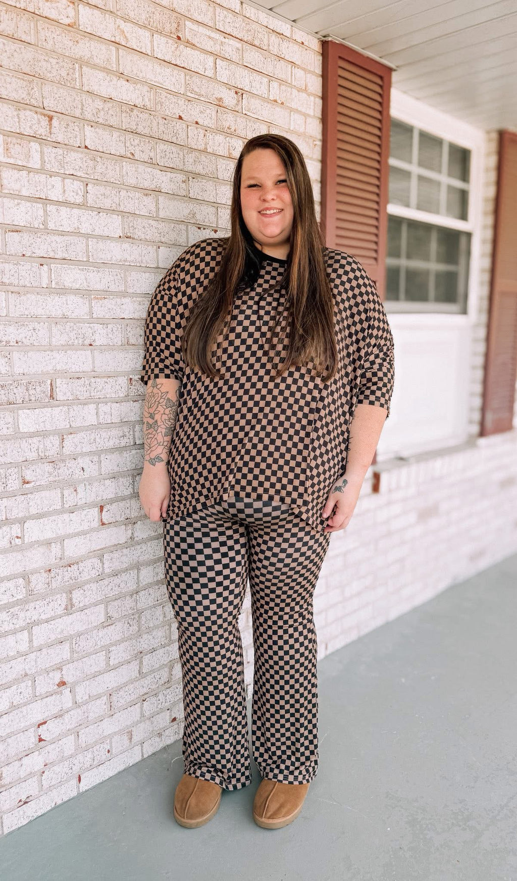 Neutral Checkered Womens Ribbed Daywear Pant Set