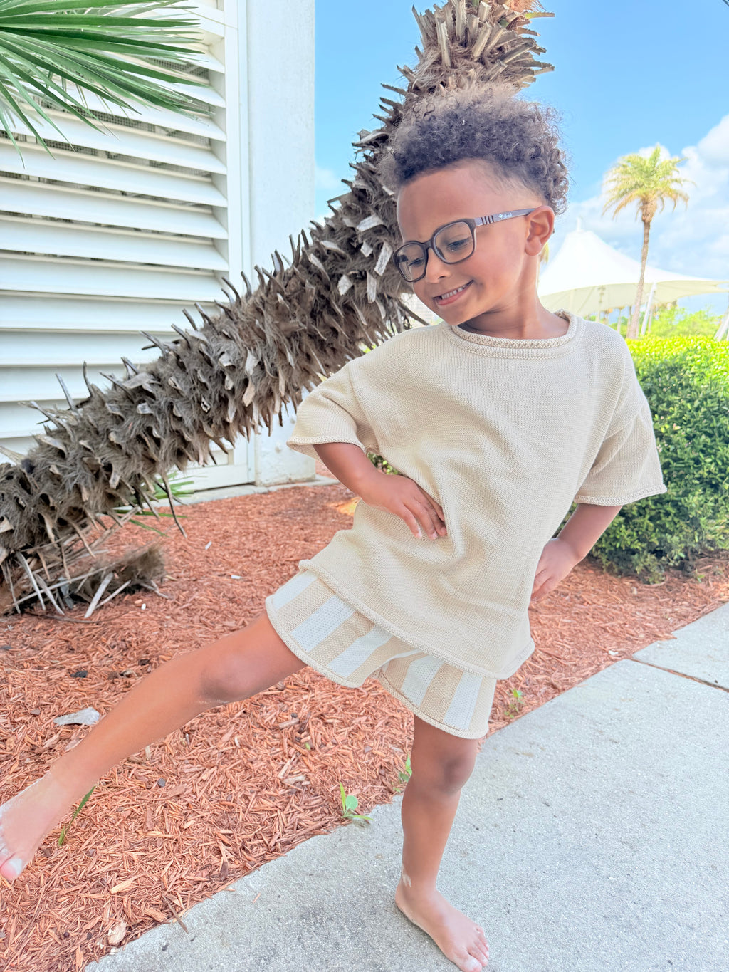 Khaki Striped Knit Short Set