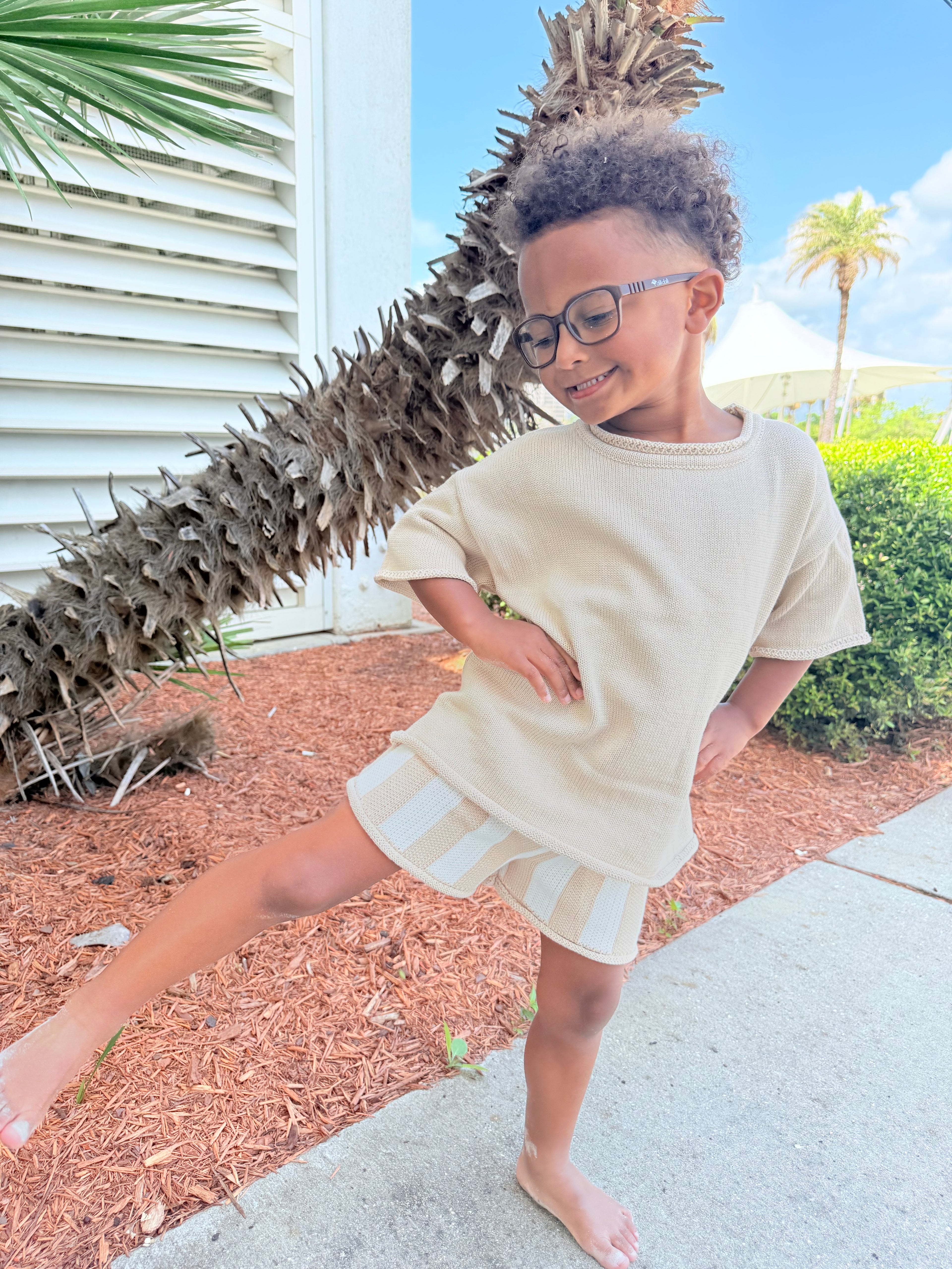 Khaki Striped Knit Short Set