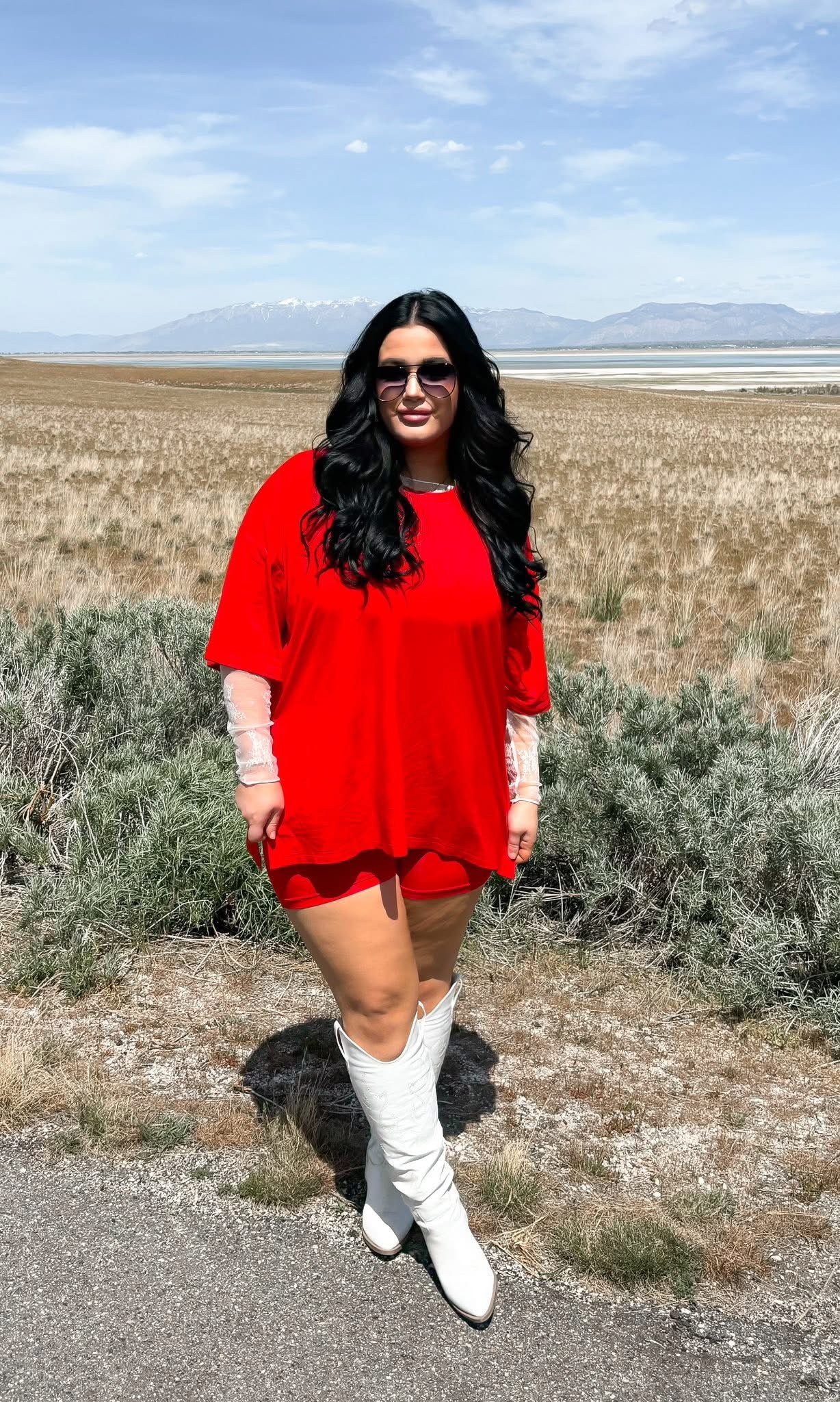 Red Womens Oversized Biker Short Set