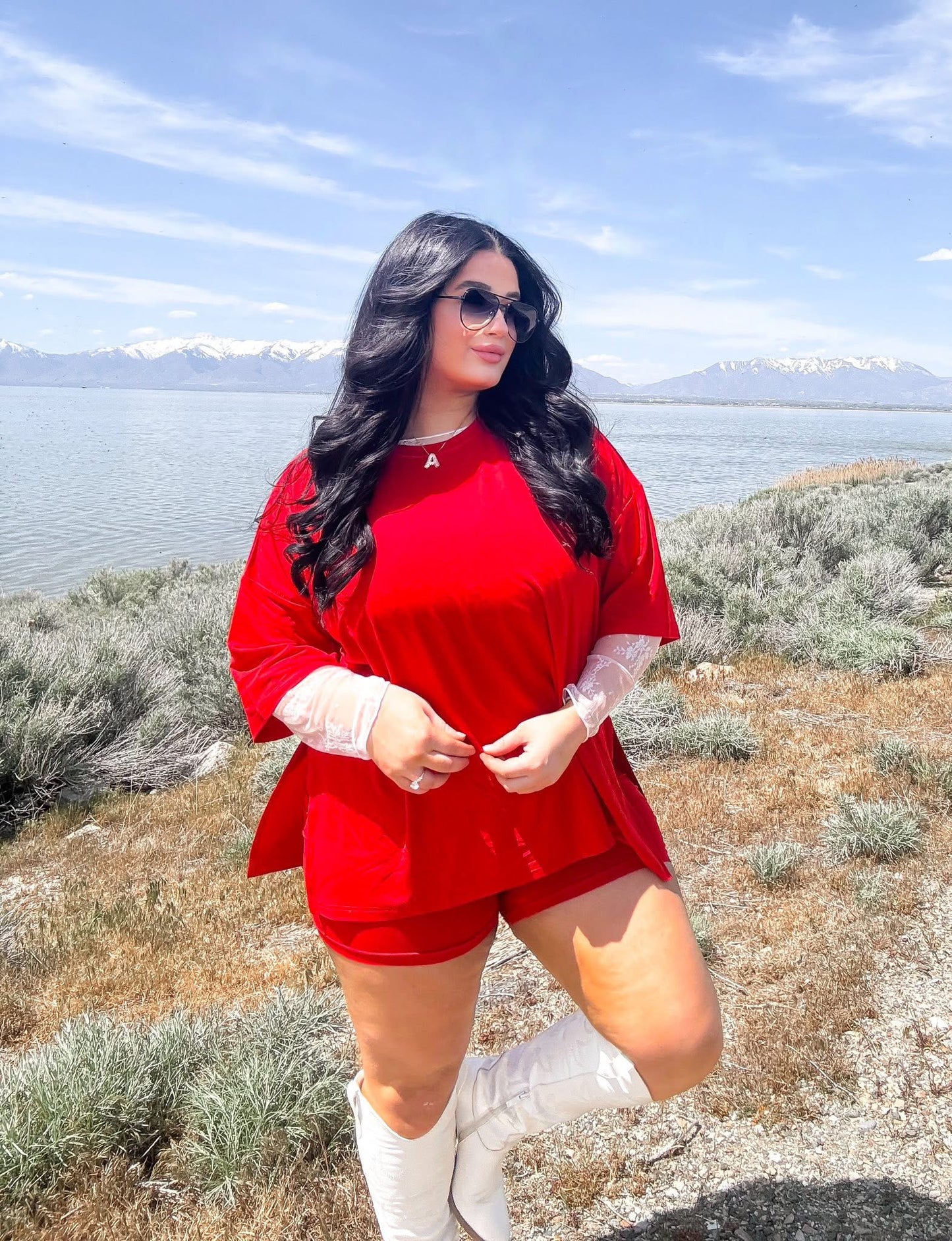 Red Womens Oversized Biker Short Set