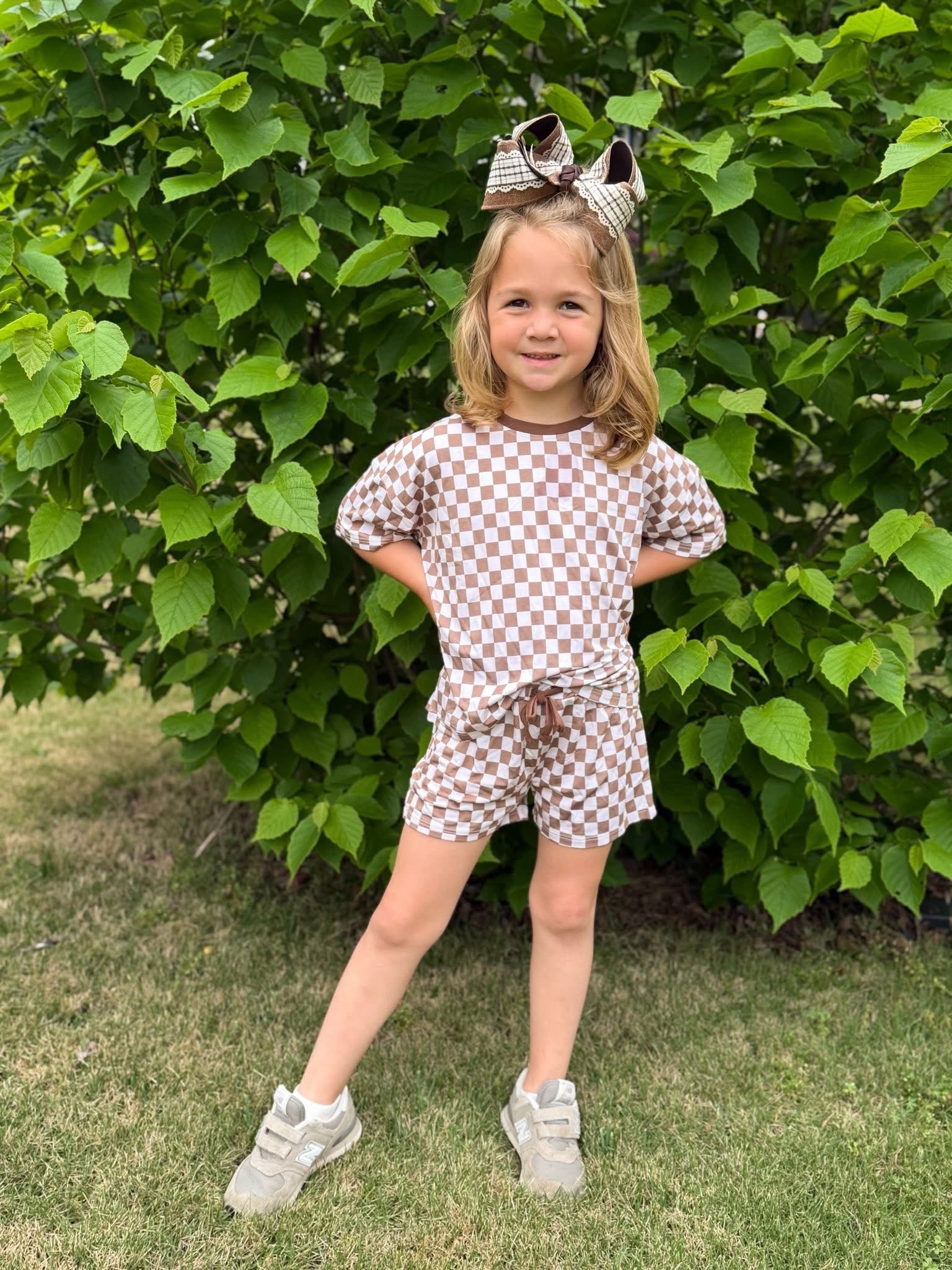 Mocha Checks Oversized Short Set
