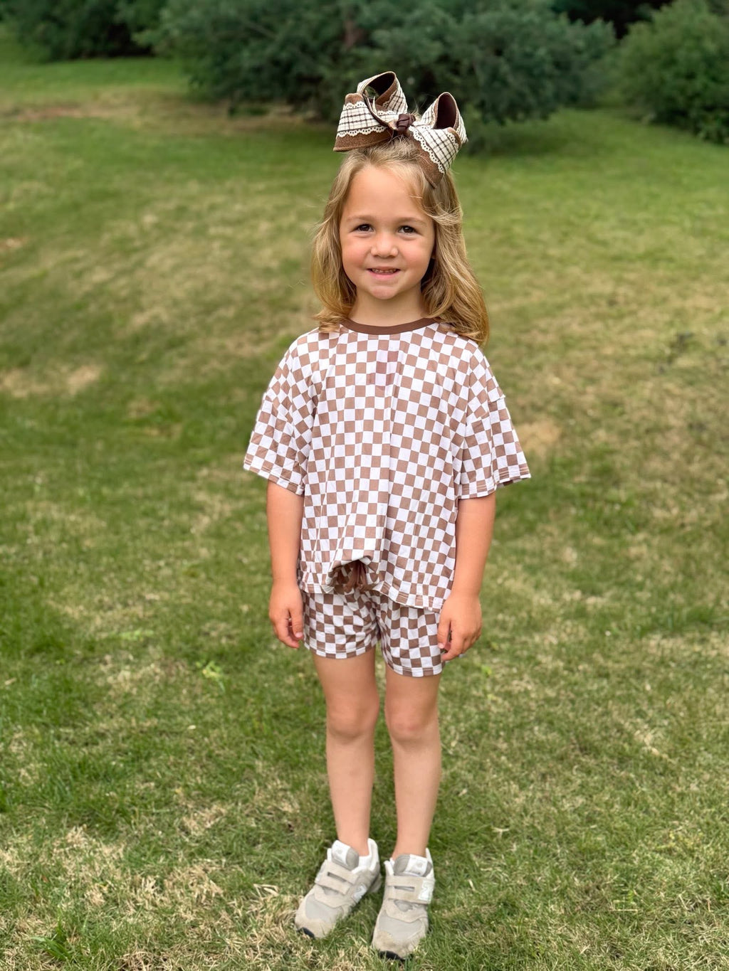 Mocha Checks Oversized Short Set