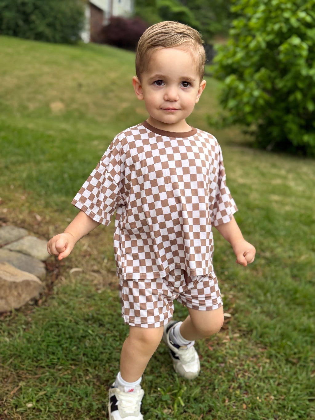 Mocha Checks Oversized Short Set