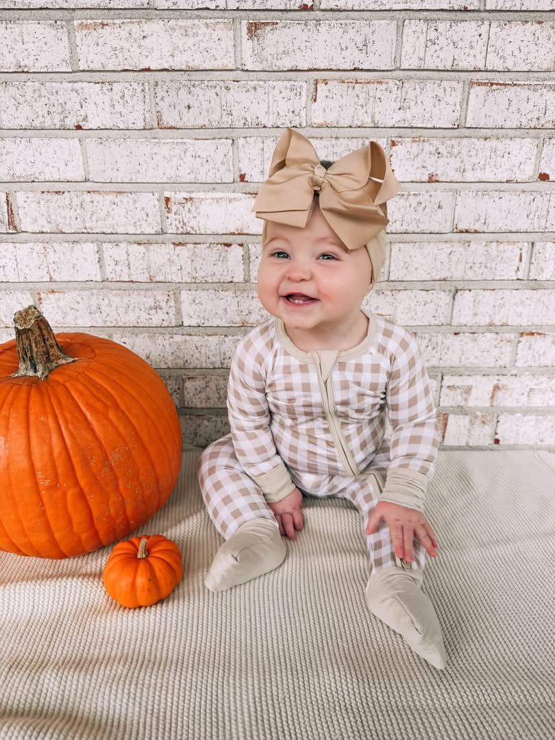 Oatmeal Gingham Double Zippy Romper