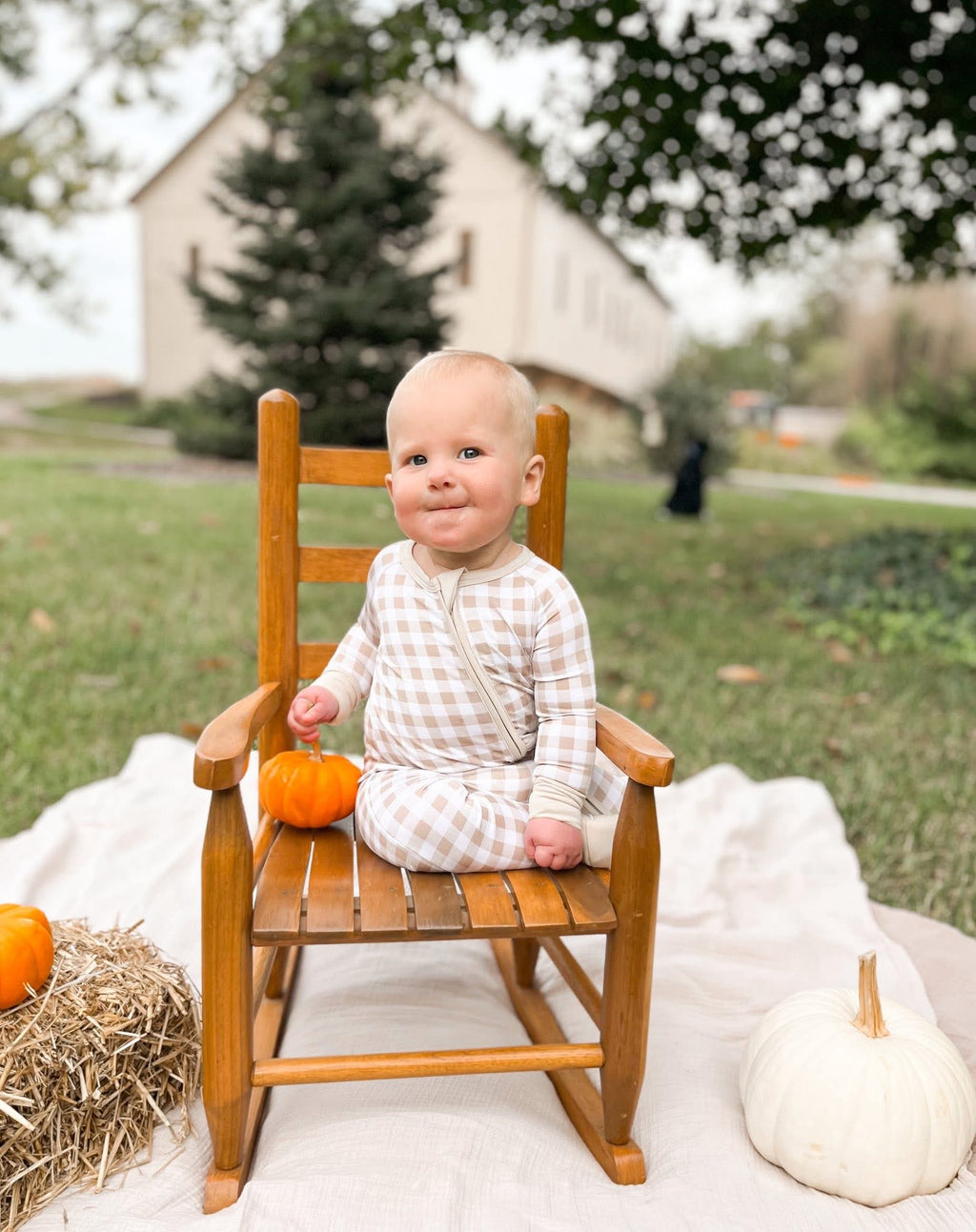 Oatmeal Gingham Double Zippy Romper
