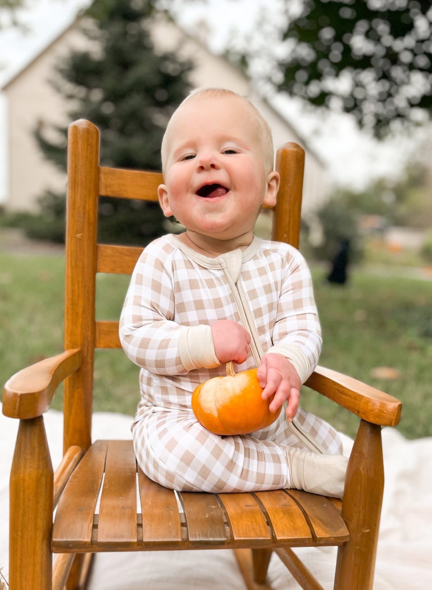 Oatmeal Gingham Double Zippy Romper