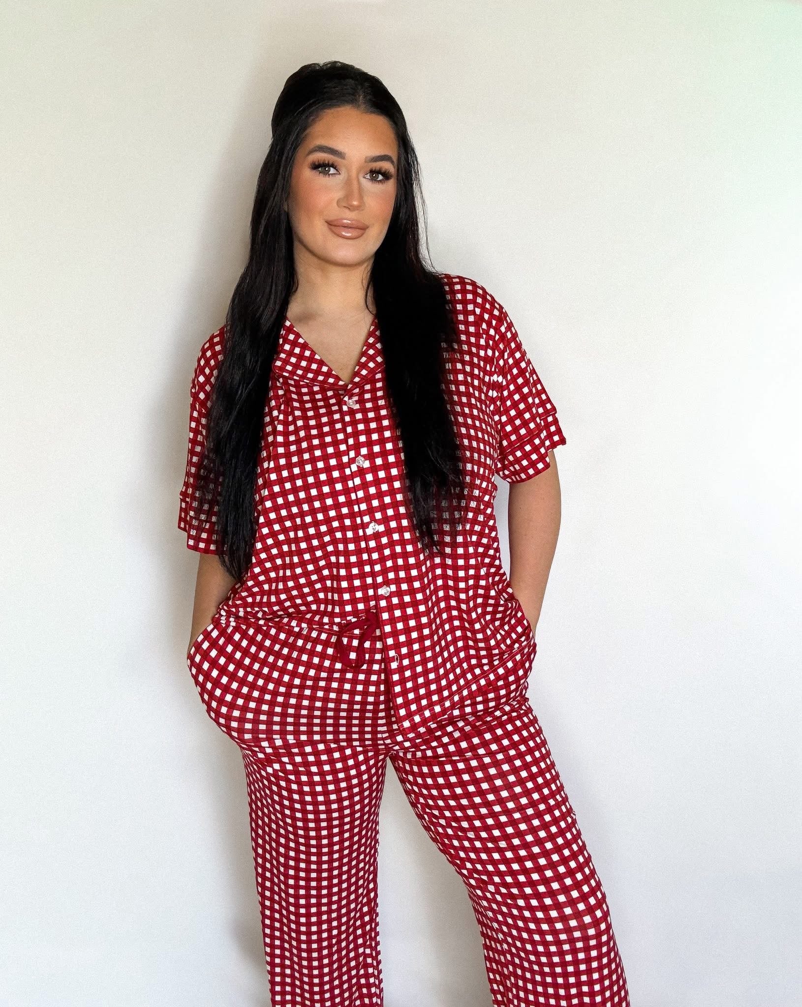 Red Gingham Womens Pant Set