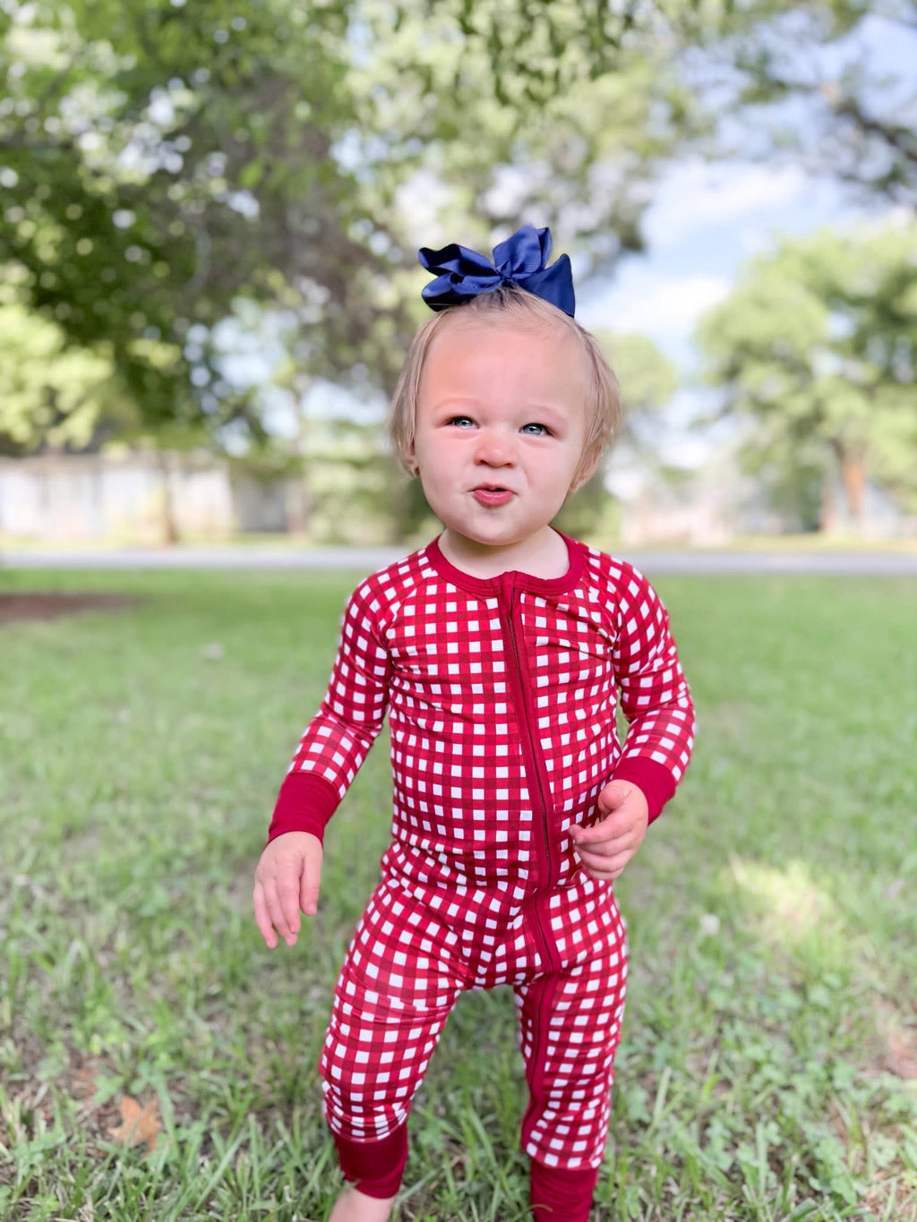 Red Gingham Double Zippy Romper
