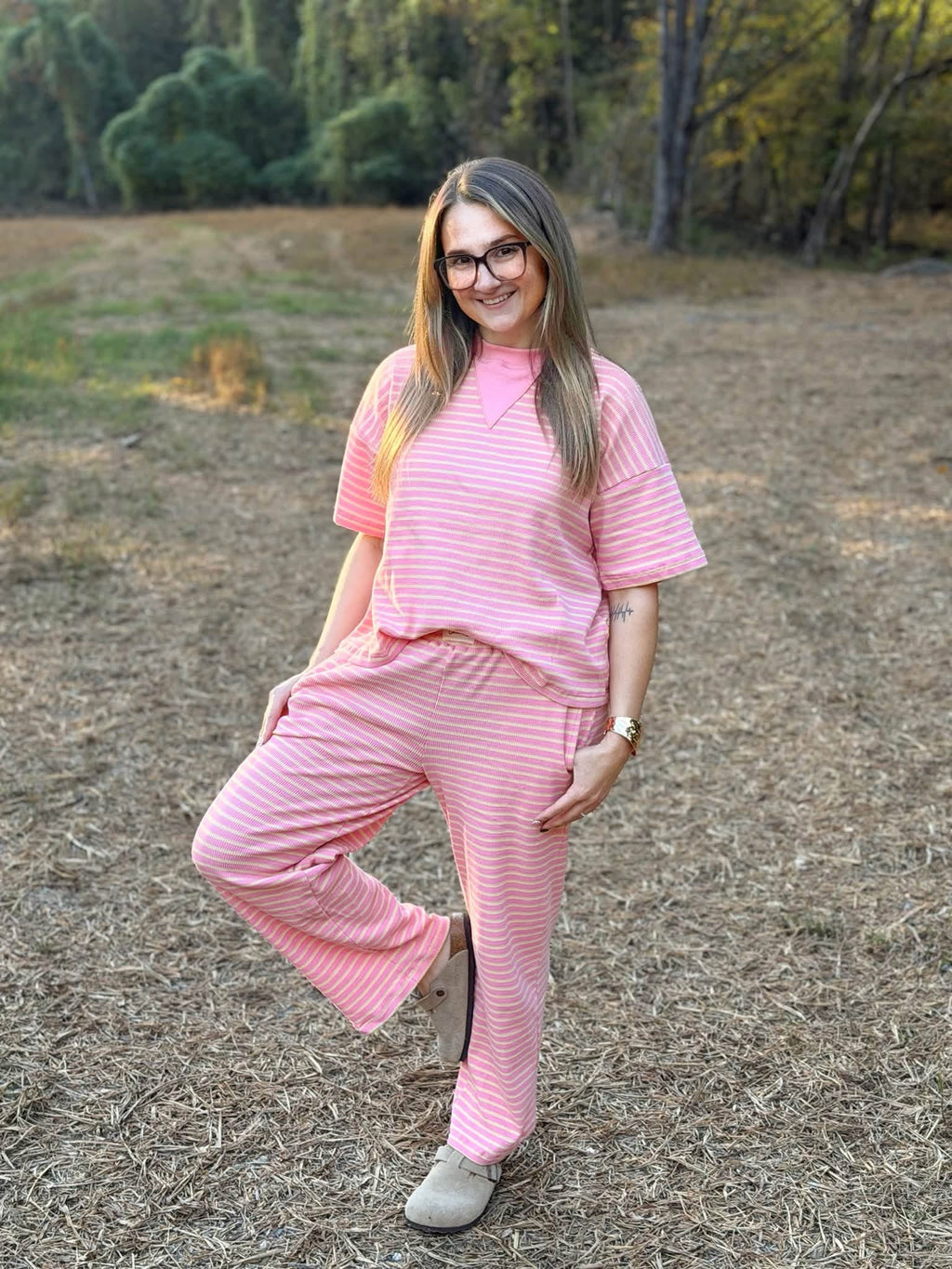 Sunshine Stripes Womens Waffle Knit Pants Set