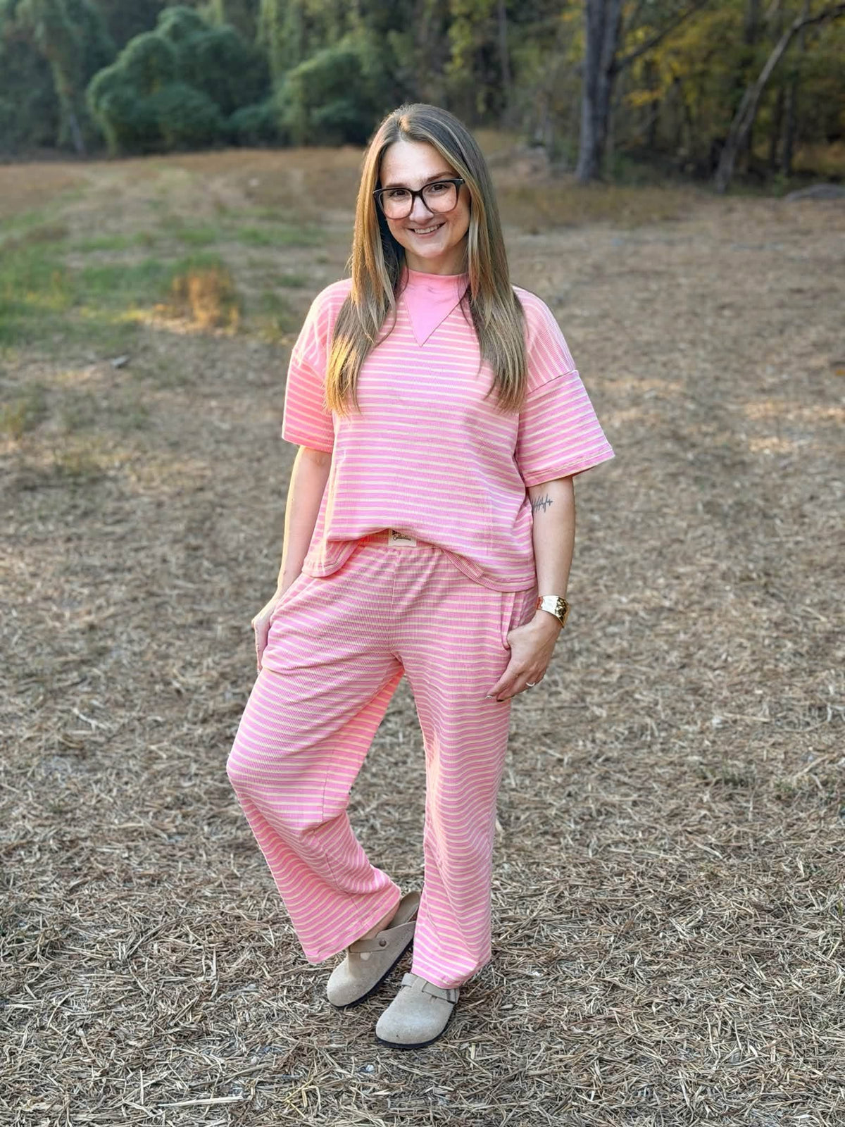 Sunshine Stripes Womens Waffle Knit Pants Set