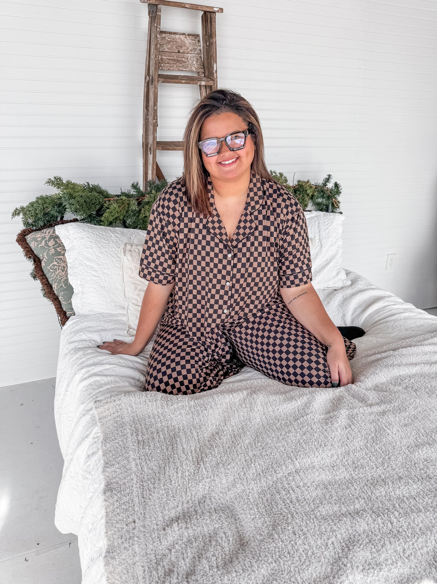 Neutral Checks Womens Pant Set