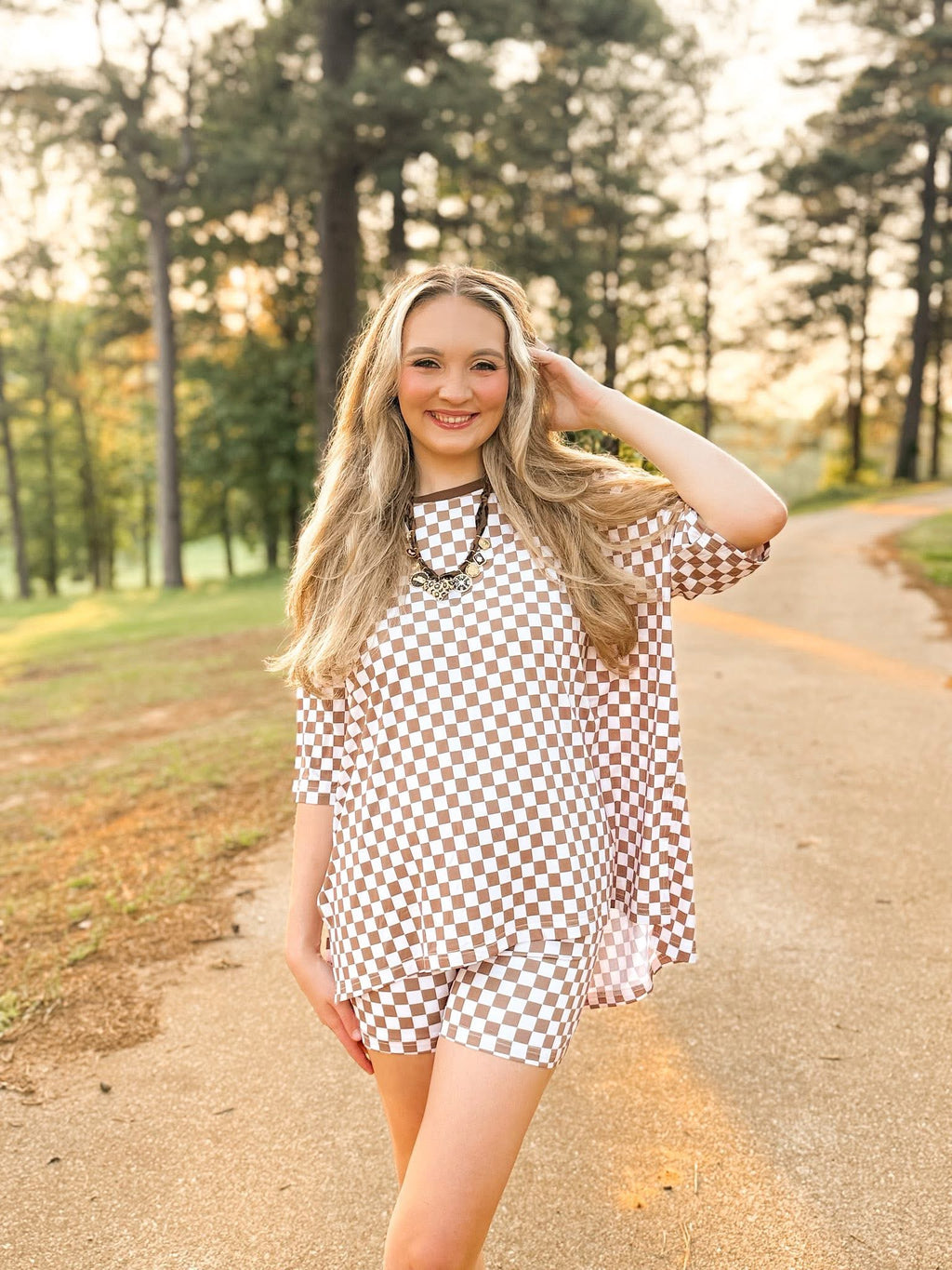 Mocha Checks Womens Biker Short Sets