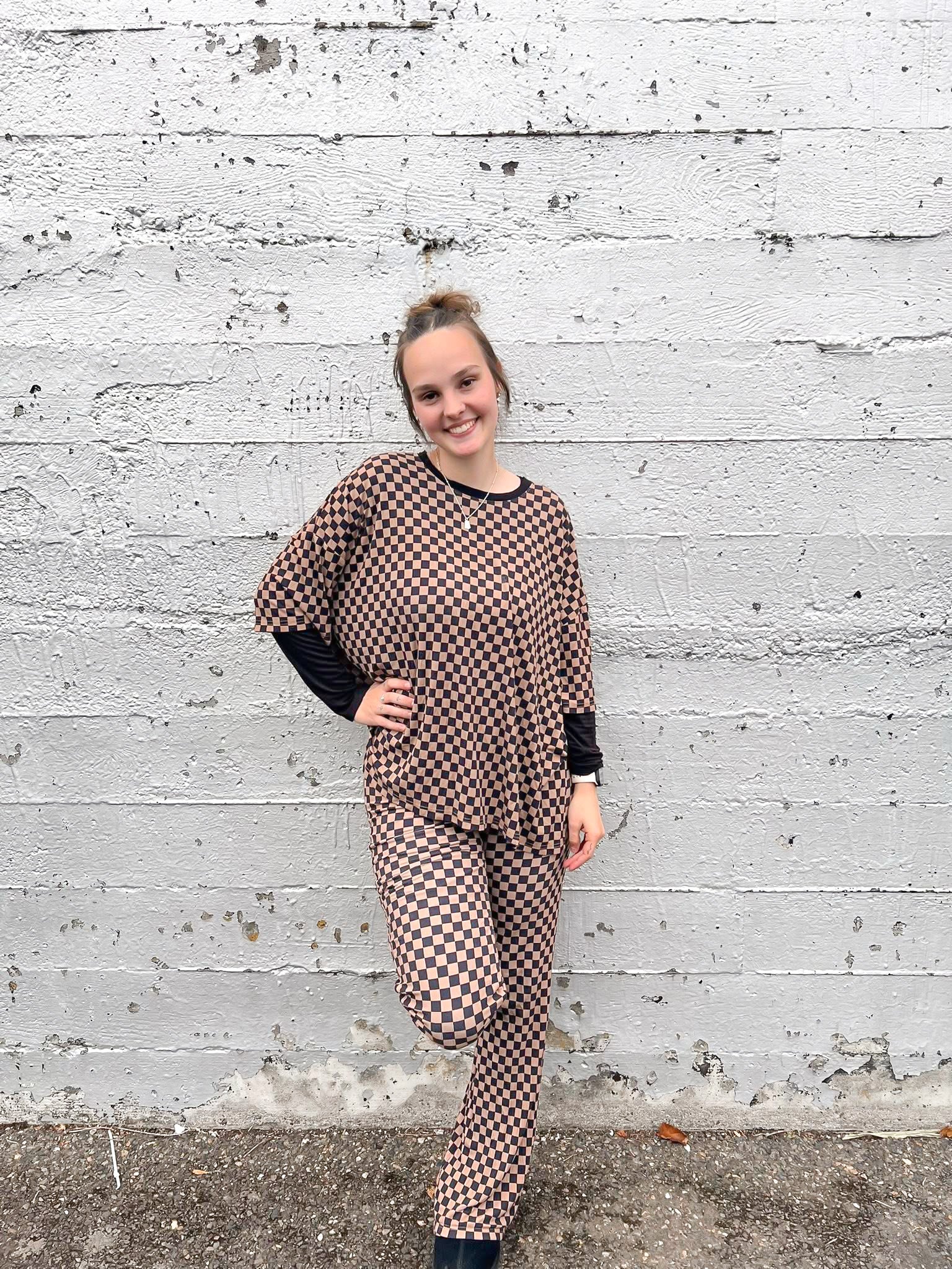 Neutral Checkered Womens Ribbed Daywear Pant Set