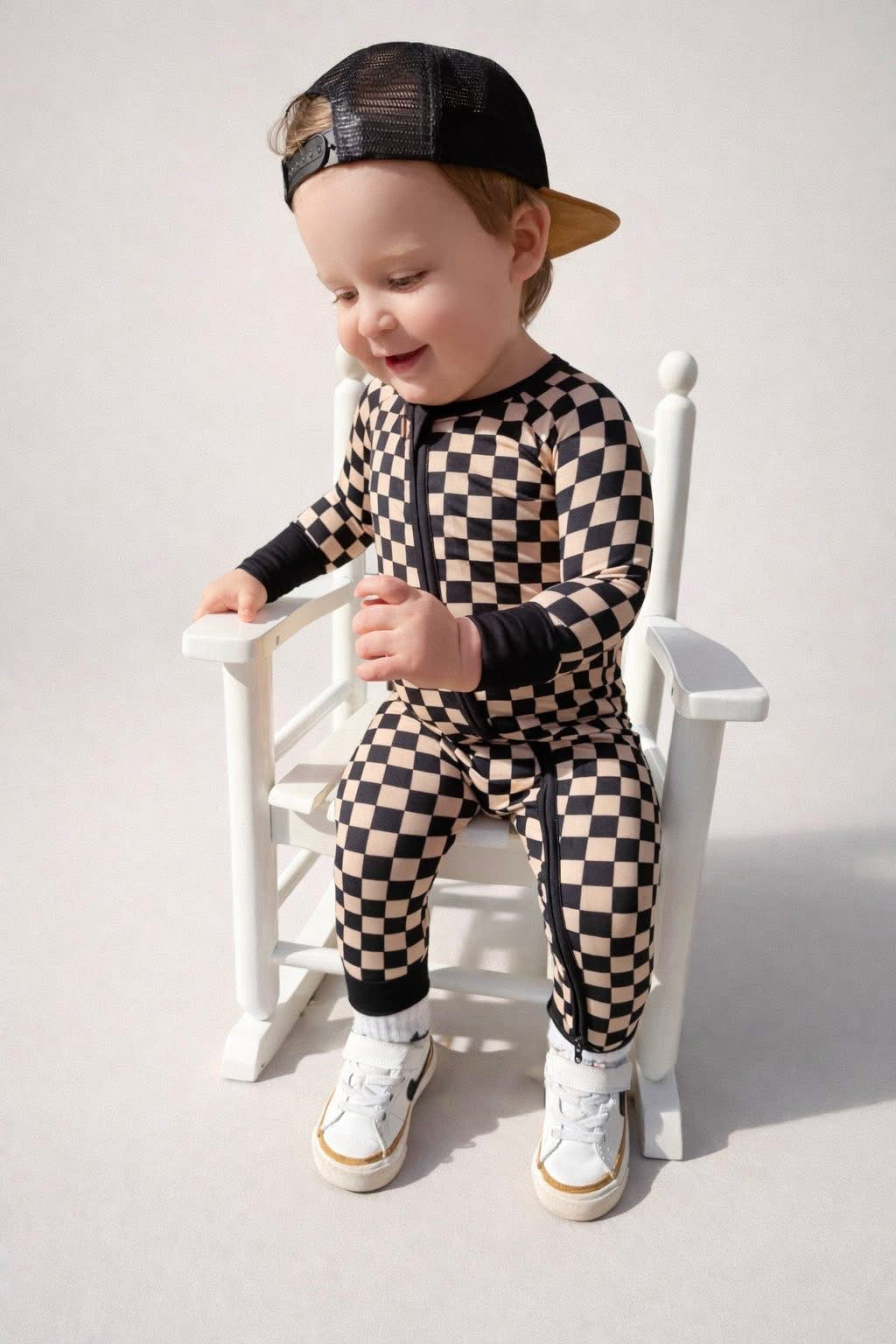 Cookies & Cream Checks Double Zippy Romper