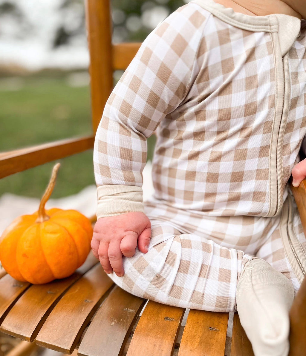 Oatmeal Gingham Double Zippy Romper