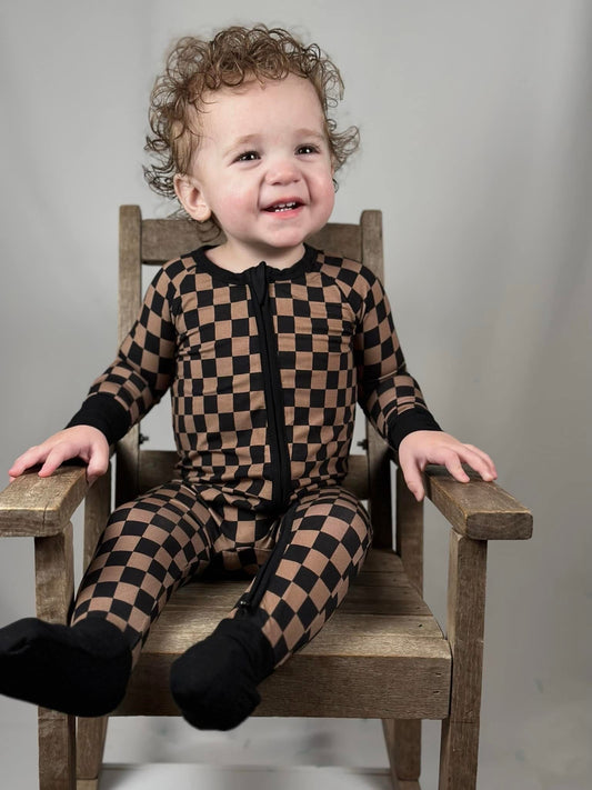 Neutral Checkers Double Zippy Romper