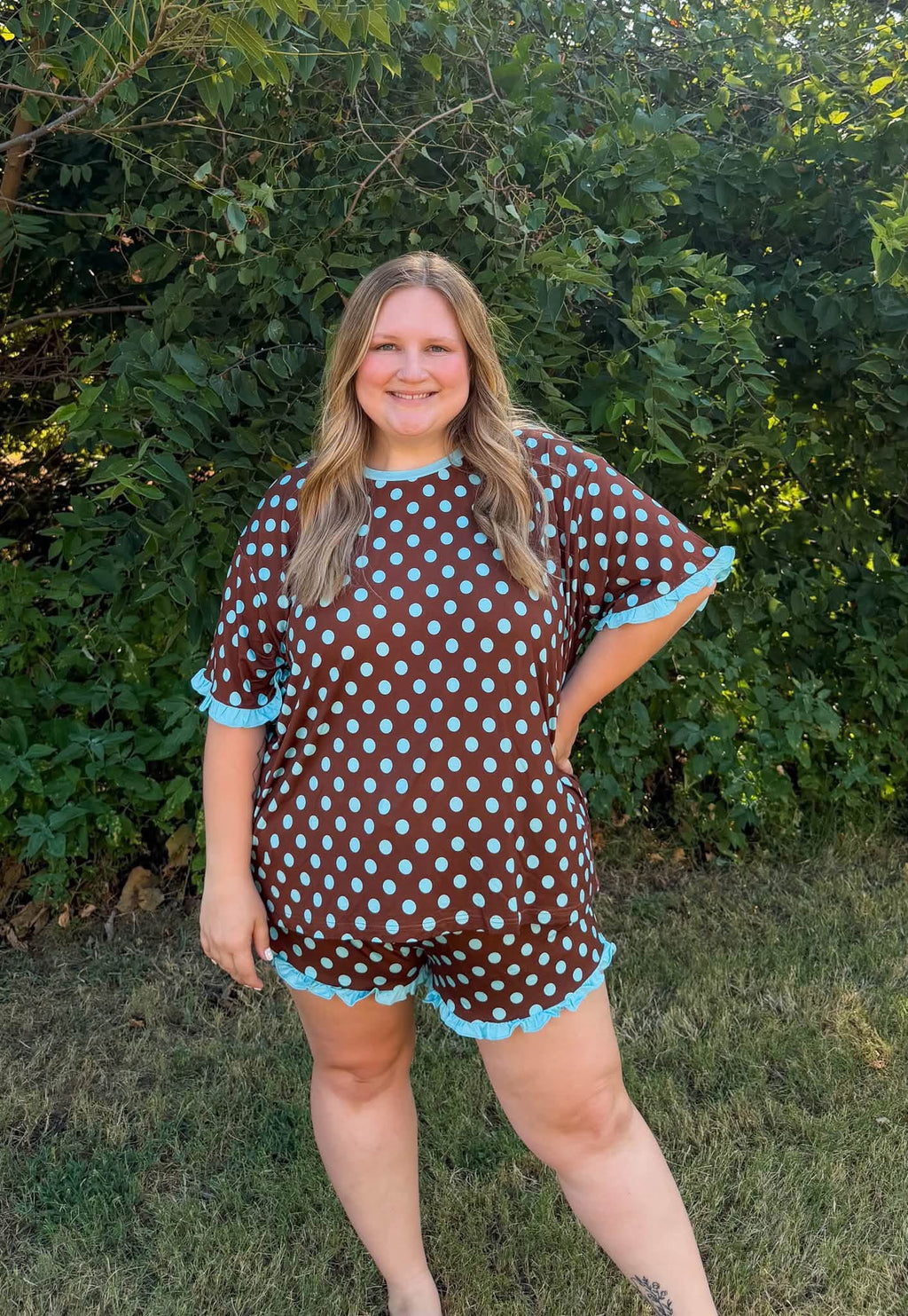 Cocoa Confetti Dots Womens Ruffle Short Set
