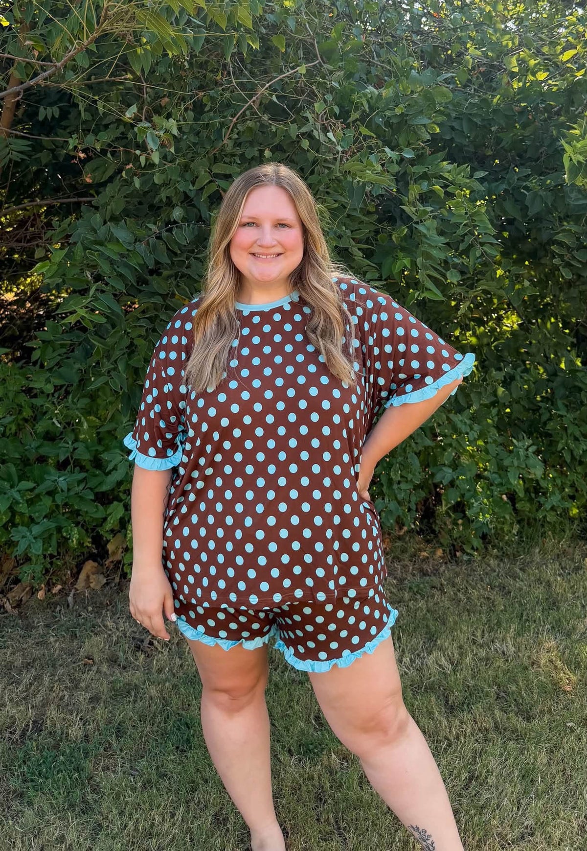 Cocoa Confetti Dots Womens Ruffle Short Set