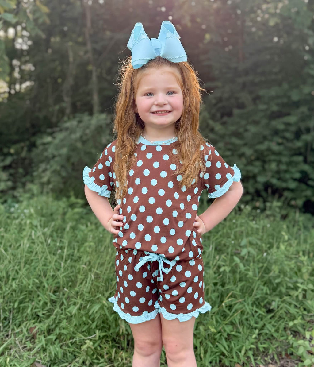 Cocoa Confetti Dots Kids Ruffle Short Set