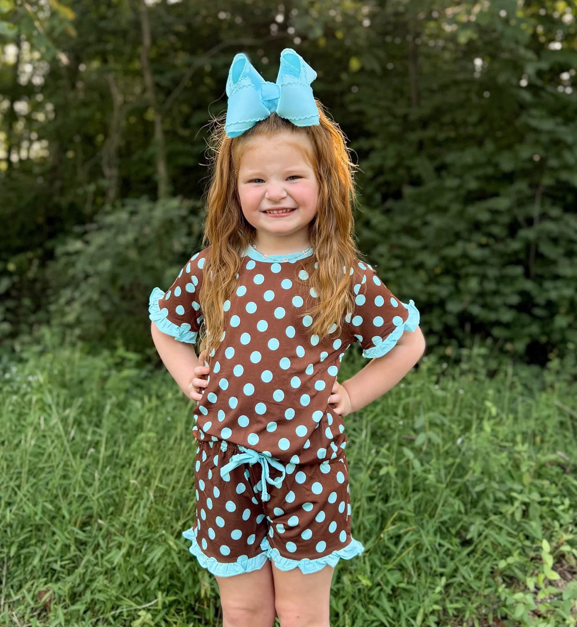 Cocoa Confetti Dots Kids Ruffle Short Set