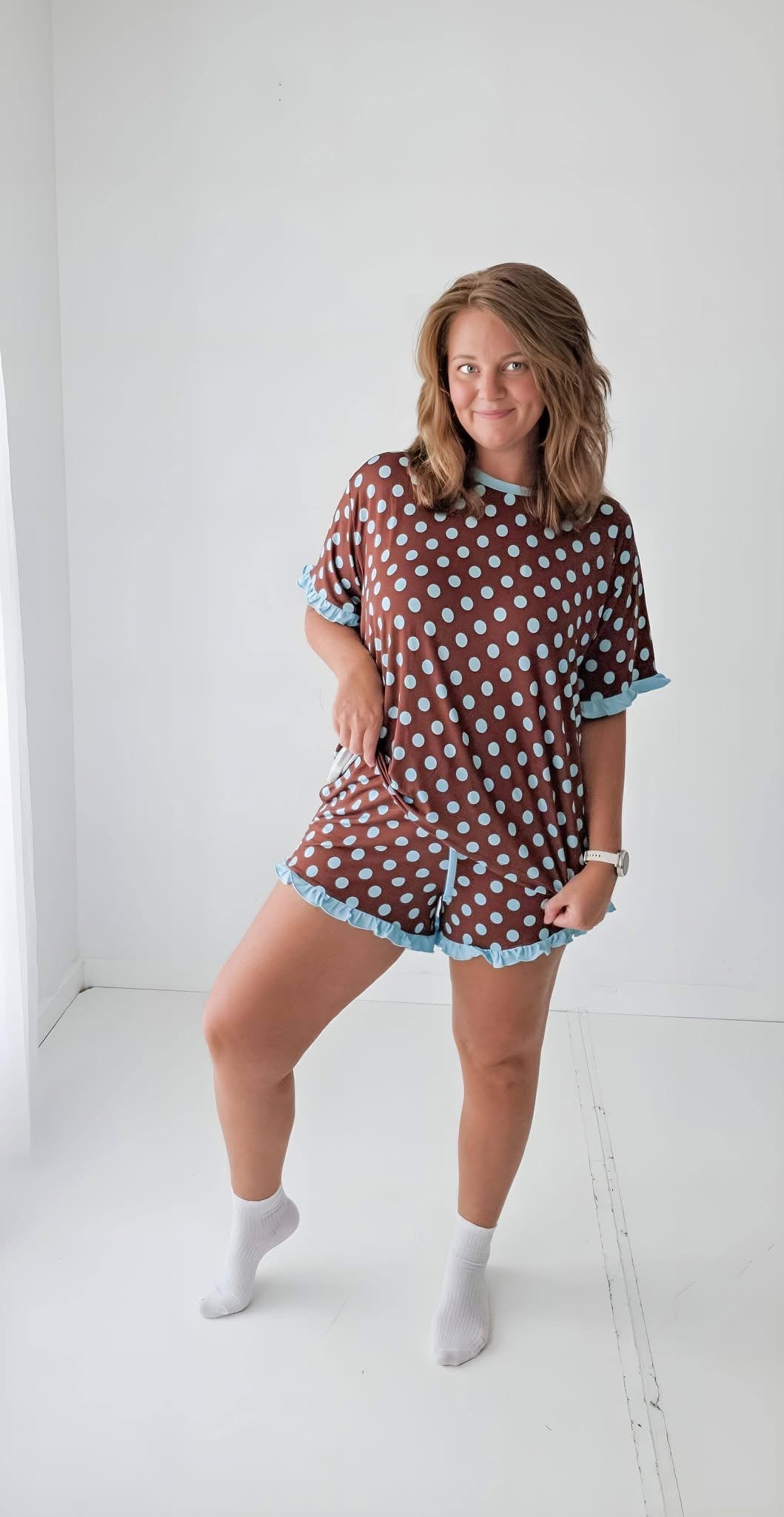 Cocoa Confetti Dots Womens Ruffle Short Set