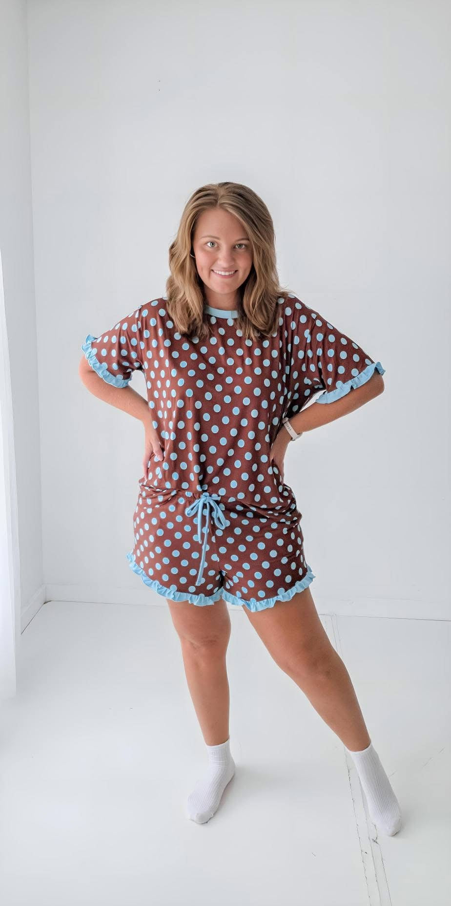 Cocoa Confetti Dots Womens Ruffle Short Set