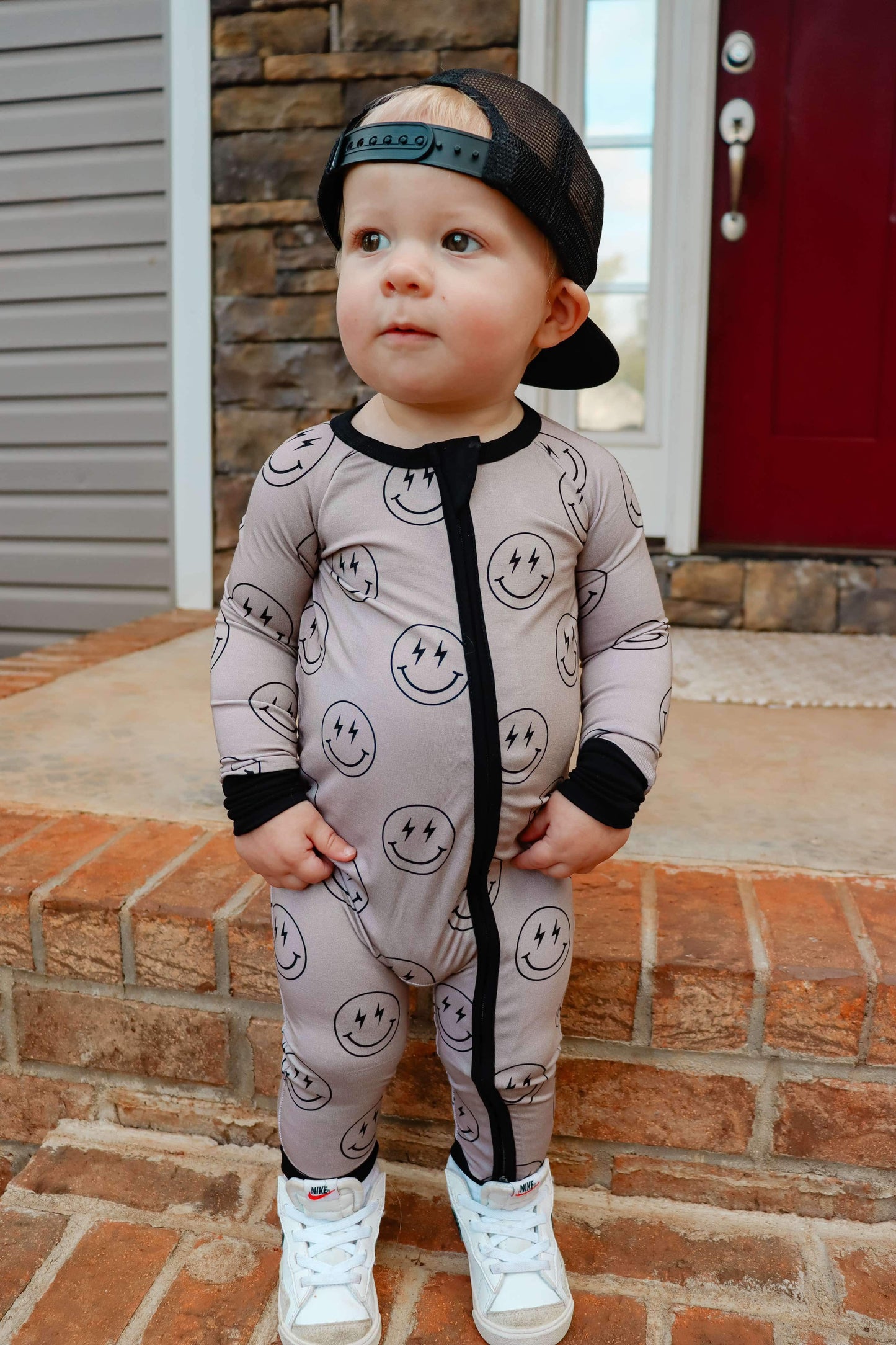 Mocha Smileys Double Zippy Romper