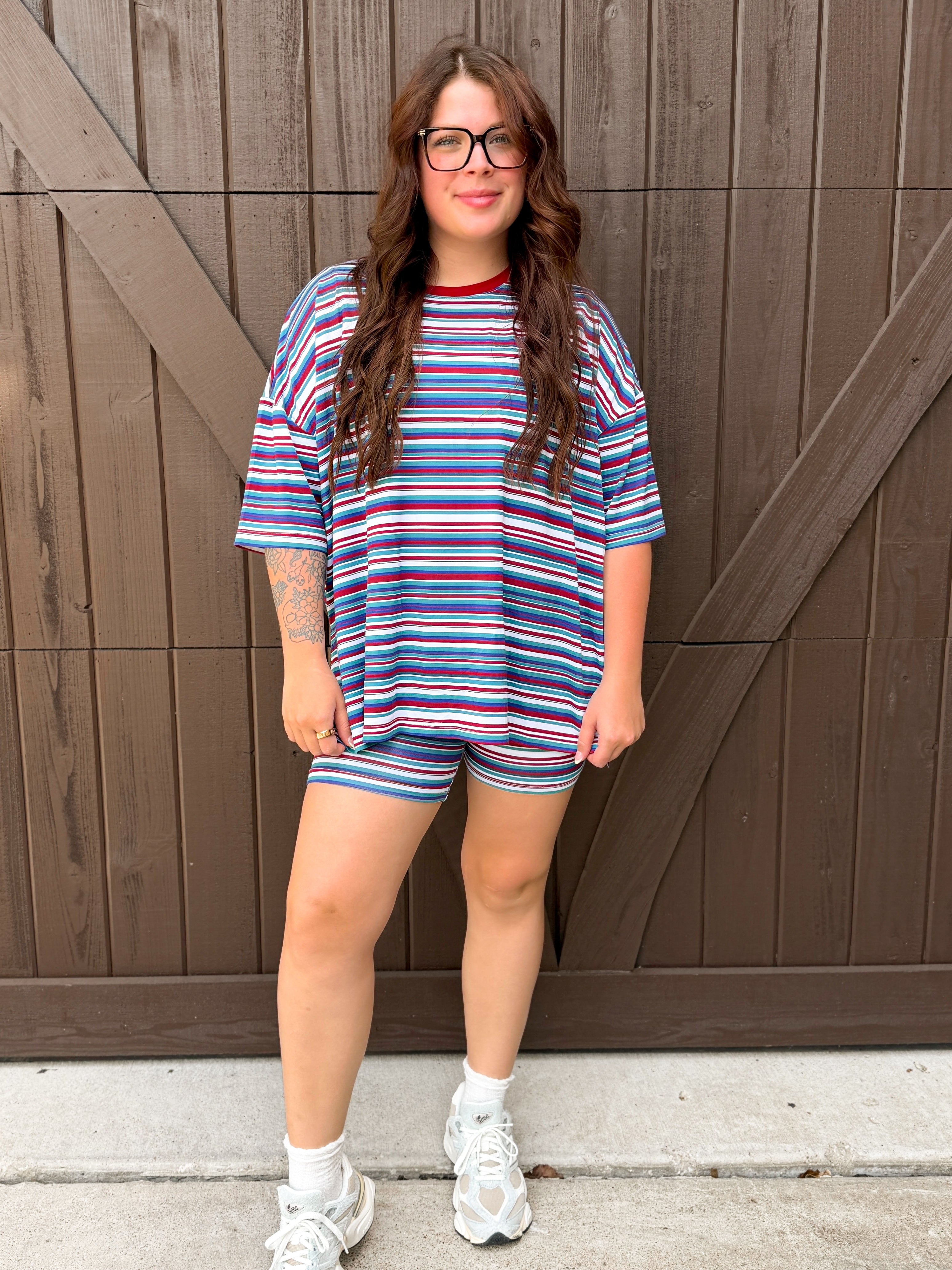 Retro Stripes Womens Biker Short Set