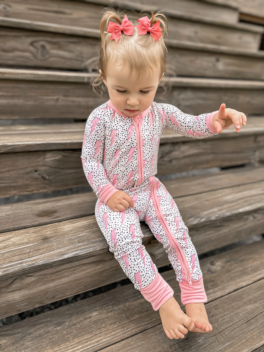 Pink Bolts Double Zippy Romper