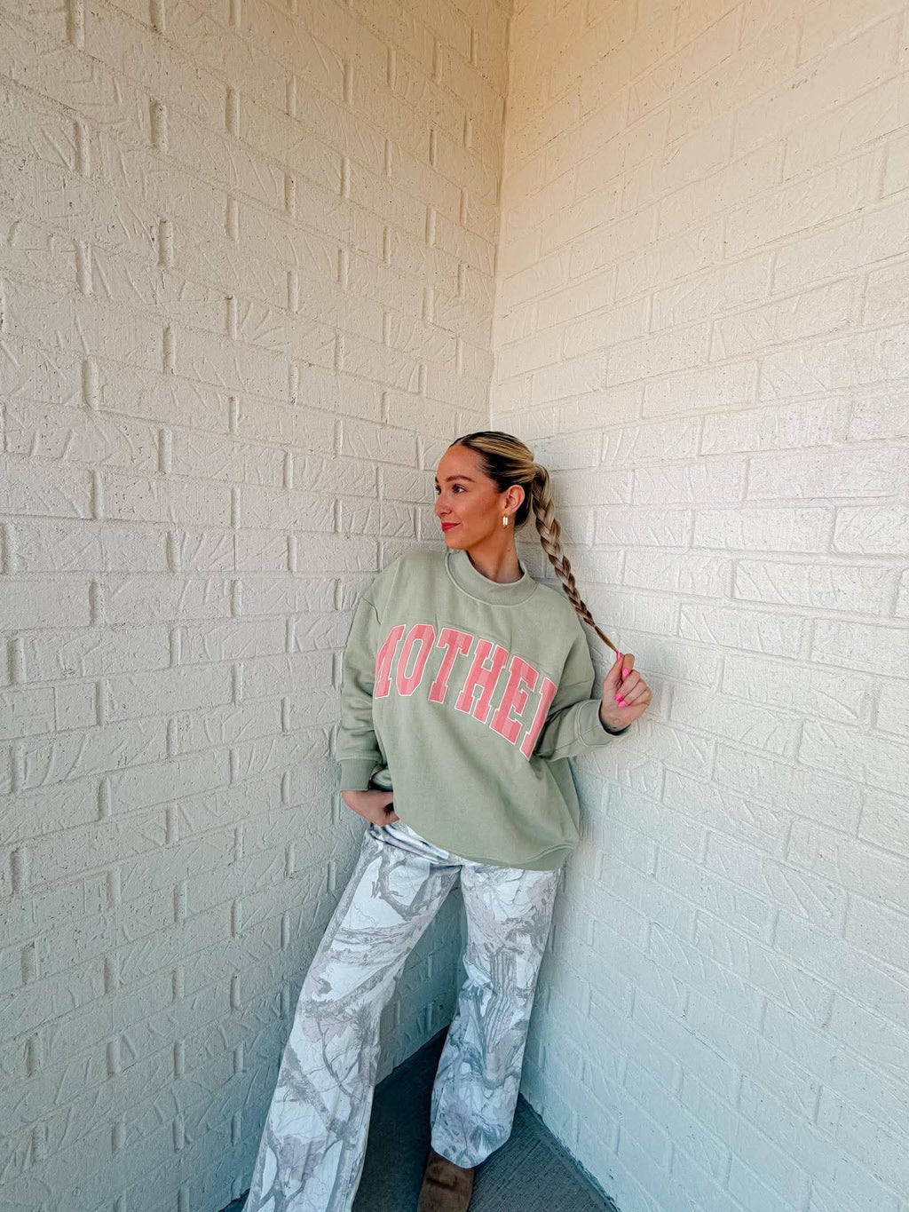 Mother Sage Green w/ Pink stripes Mockneck Sweater