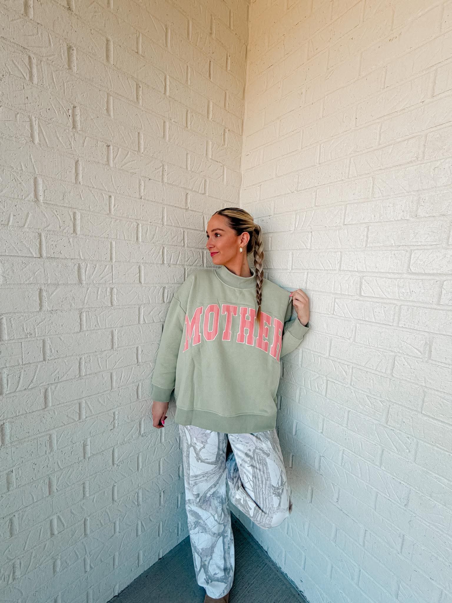 Mother Sage Green w/ Pink stripes Mockneck Sweater